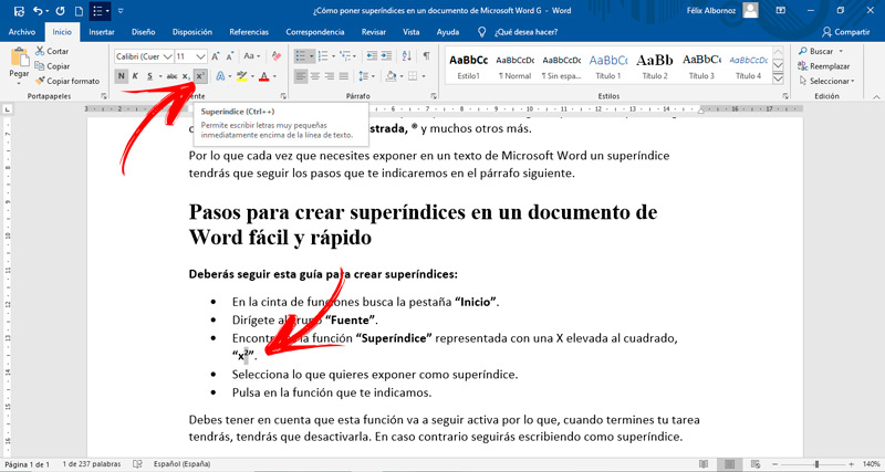 Dar formato al texto como superíndice o subíndice en Word