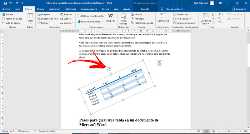 Pasos para girar una tabla en un documento de Microsoft Word