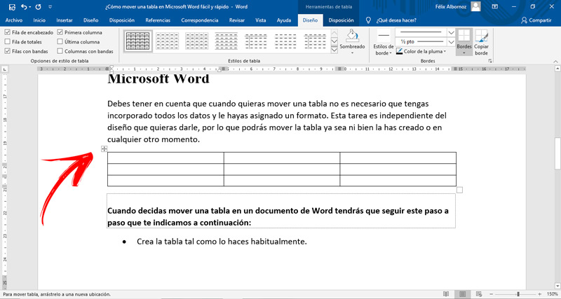 Pasos para mover una tabla en un documento de Microsoft Word