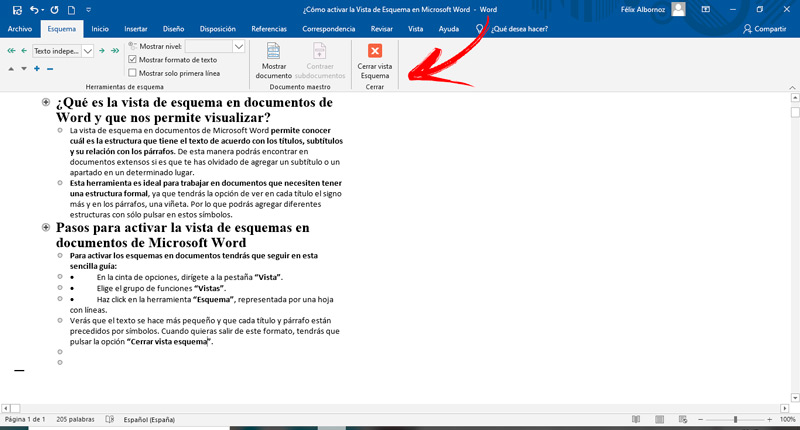Pasos para activar la vista de esquemas en documentos de Microsoft Word
