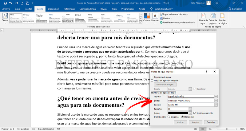 Pasos para insertar una marca de agua en un documento de Microsoft Word