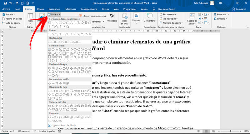 Pasos para añadir o eliminar elementos de una gráfica en Microsoft Word