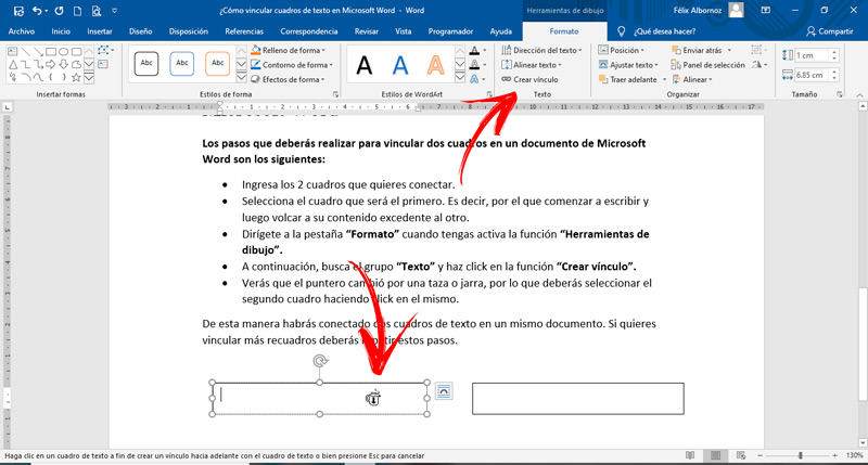 Pasos para vincular cuadros de texto en documentos de Microsoft Word
