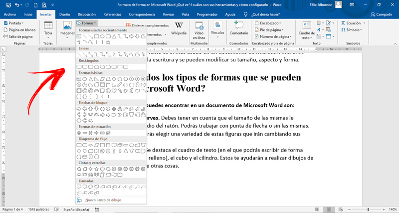 ¿Cuáles son todos los tipos de formas que se pueden insertar en Microsoft Word?