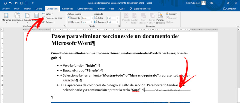 Pasos para eliminar secciones de un documento de Microsoft Word