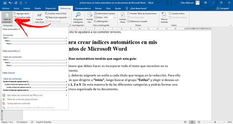 Steps to create automatic indexes in my Microsoft Word documents