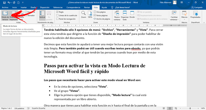 Pasos para activar la vista en Modo Lectura de Microsoft Word fácil y rápido