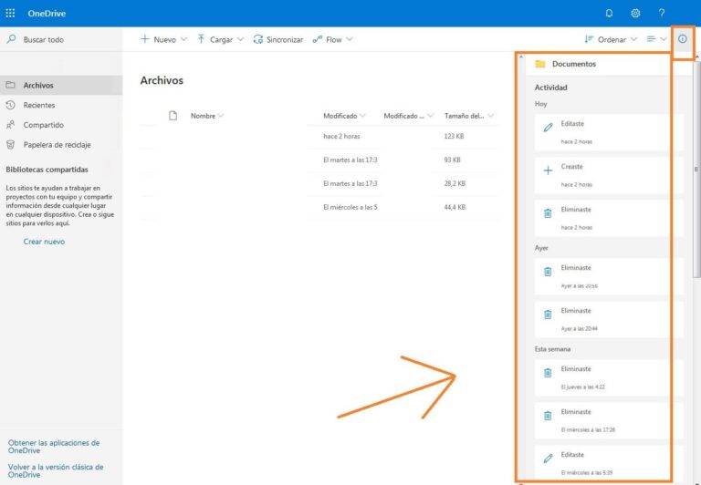 como ver el historial de onedrive
