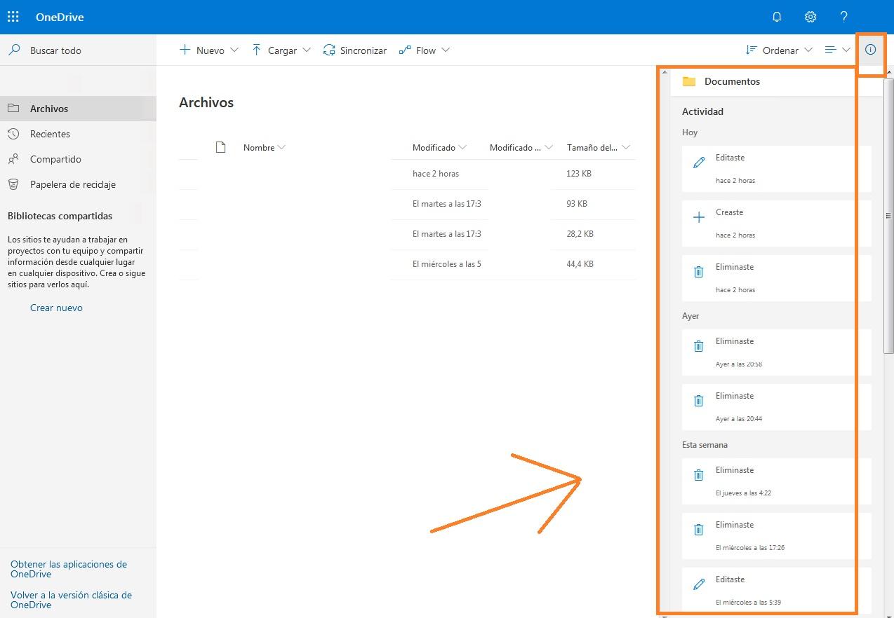 como ver el historial de onedrive