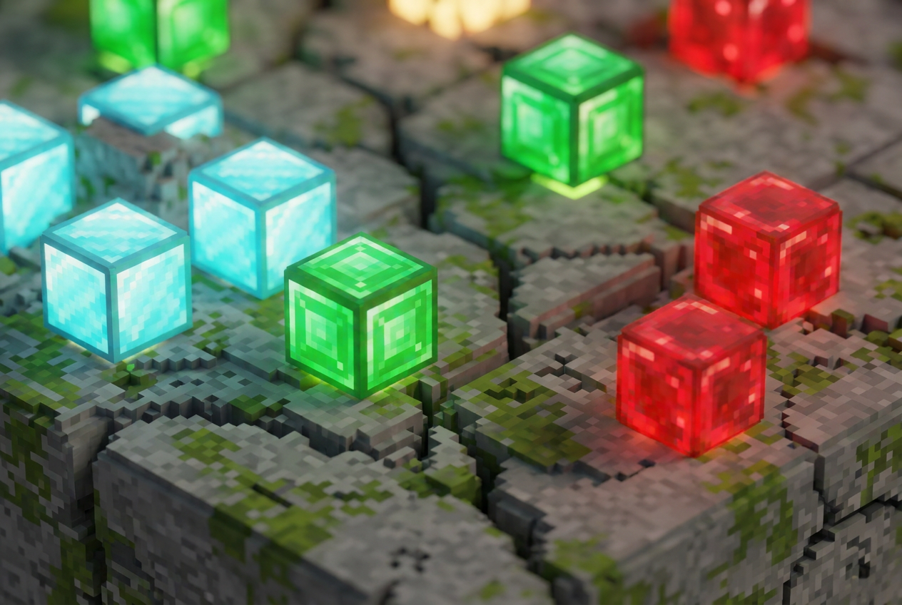 Primer plano de cubos de minerales brillantes en azul diamante, verde esmeralda y rojo rubí sobre una superficie de piedra gris en estilo voxel.