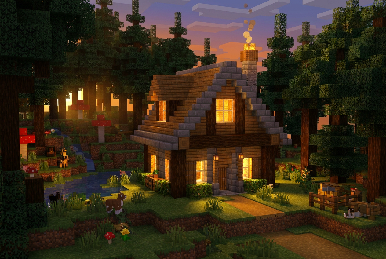 Pequeña y acogedora casa construida con cubos de madera y piedra en un bosque voxel durante el atardecer.