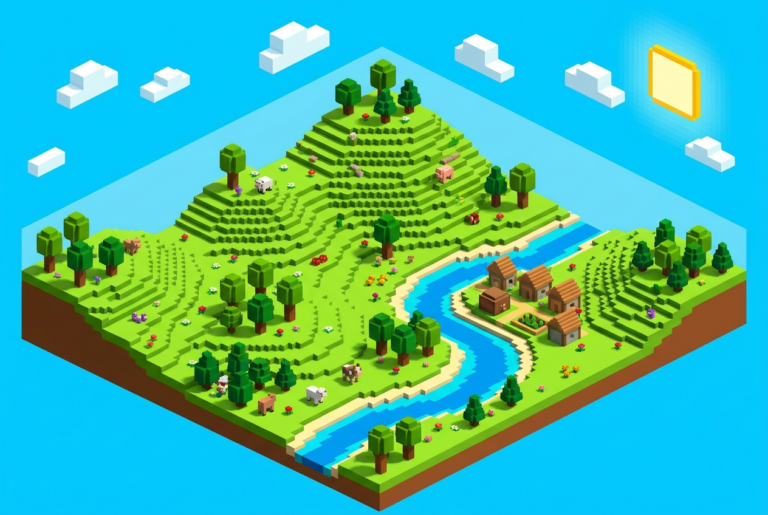 Paisaje artístico en estilo voxel con colinas verdes, árboles cúbicos y nubes cuadradas bajo un cielo azul brillante.