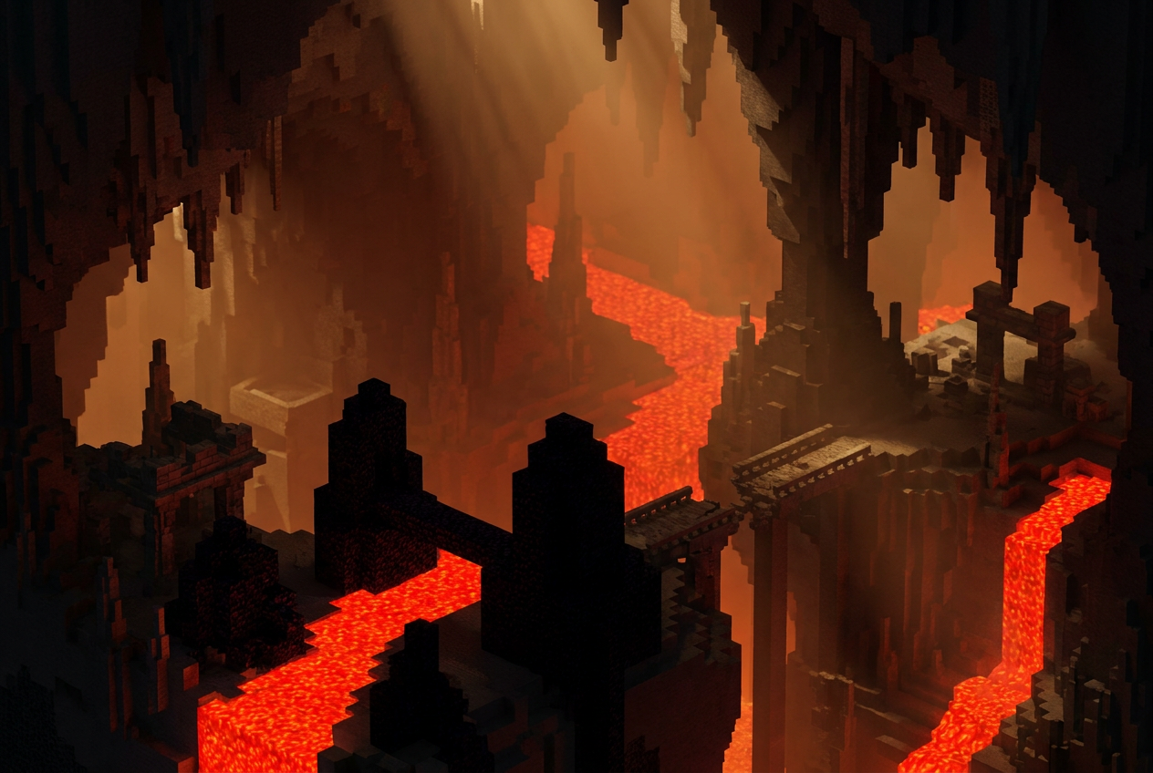 Paisaje subterráneo en estilo voxel con ríos de lava roja brillante, bloques de obsidiana oscura y una atmósfera anaranjada.