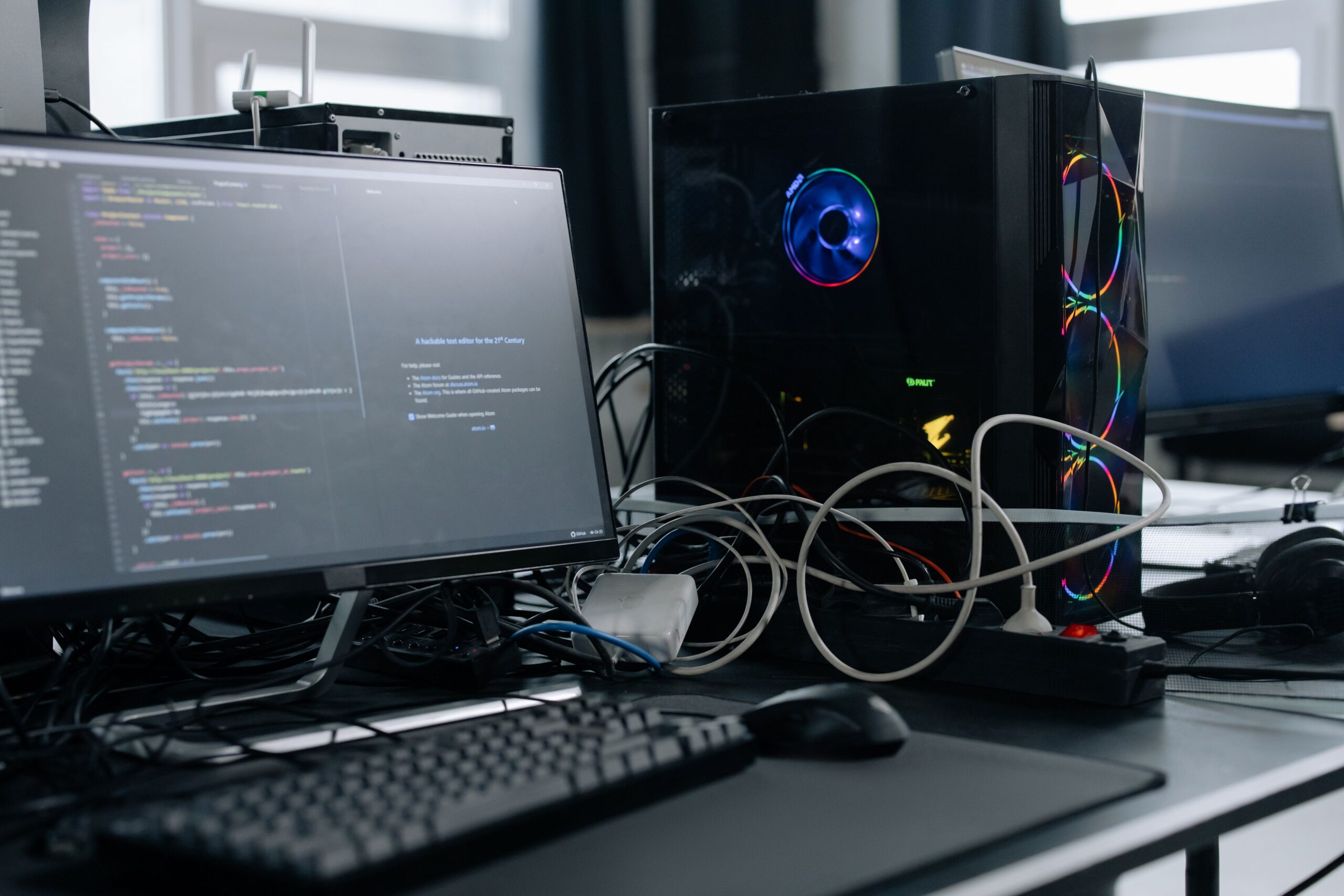 Estación de trabajo moderna con monitor y torre de PC, ideal para representar el consumo de un equipo de sobremesa estándar.