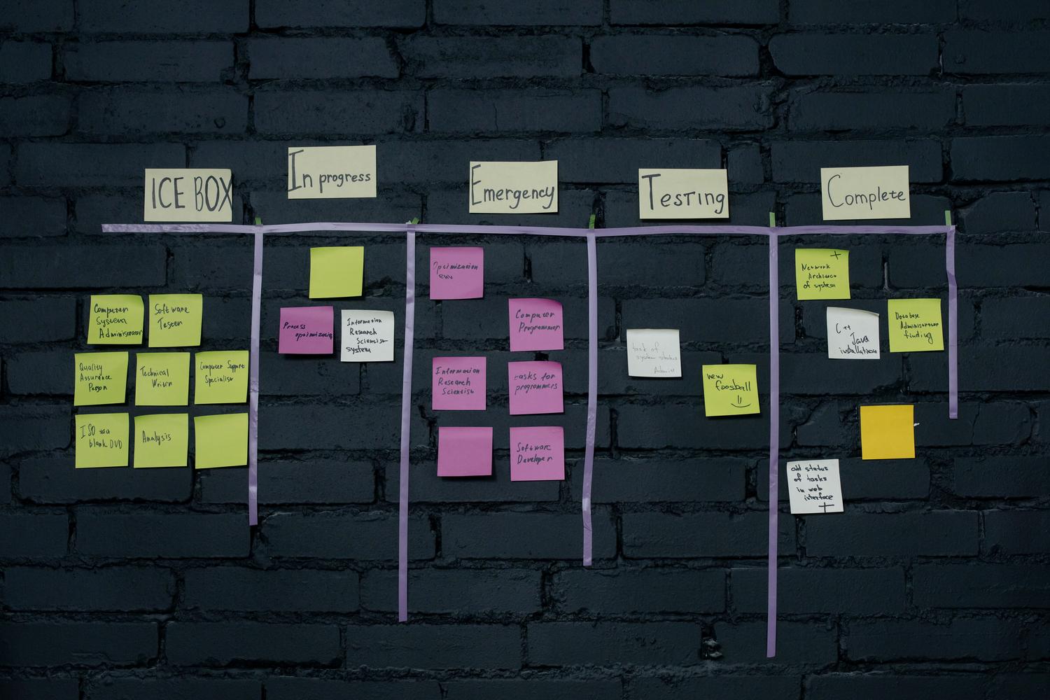 Tablero Kanban de oficina con notas adhesivas coloridas para la gestión de tareas, ilustrando la planificación del ciclo de vida de desarrollo seguro.