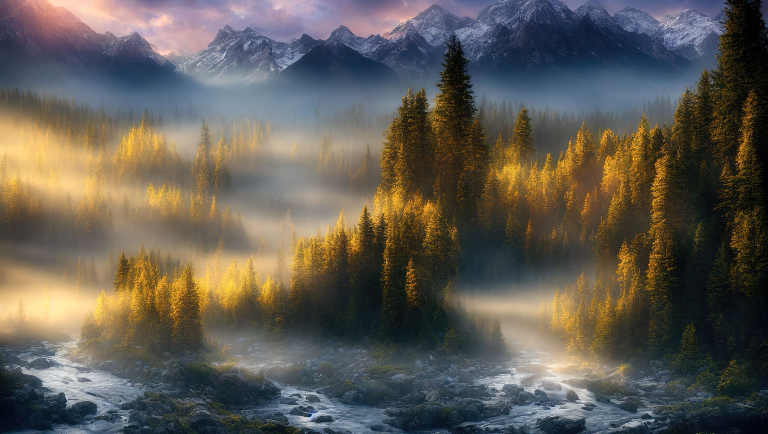 Paisaje épico de montañas y bosques con niebla, evocando la inmensidad y el misterio de los mundos de Xenoblade.
