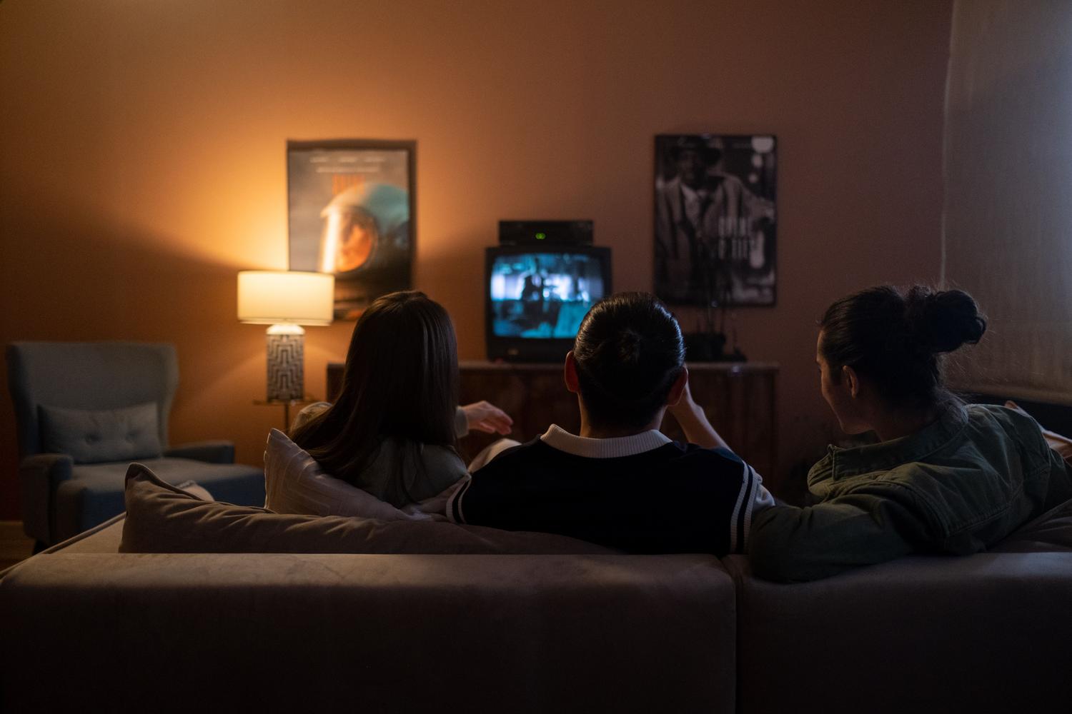 Un grupo de amigos disfrutando de una noche de cine y series en casa.