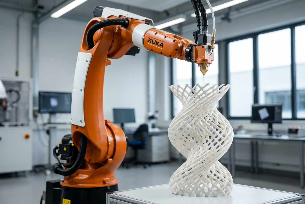 Impresora 3D de brazo robótico de 6 ejes creando una escultura orgánica compleja, representando la tecnología de impresión multi-axis.