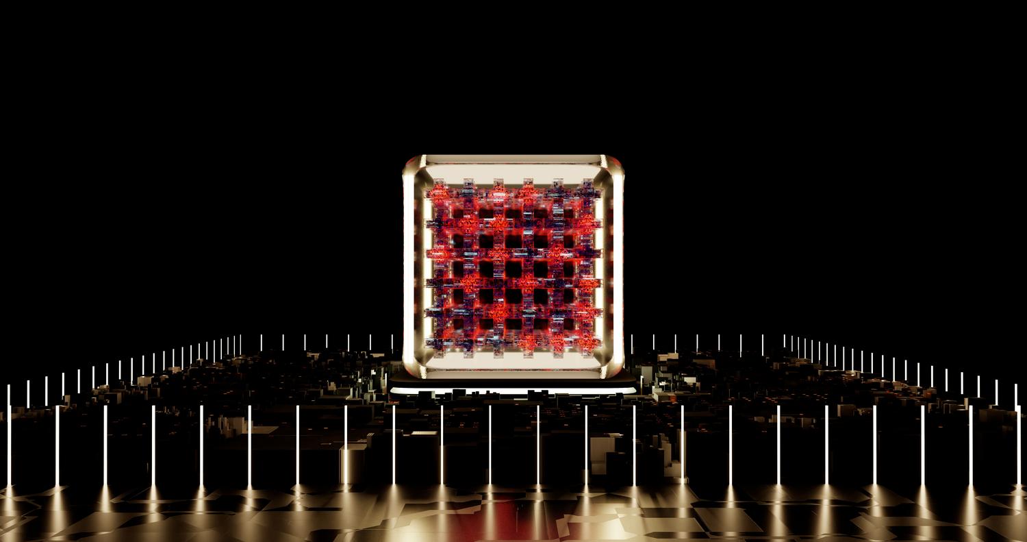 Representación abstracta de un procesador cuántico con elementos brillantes que simbolizan los qubits
