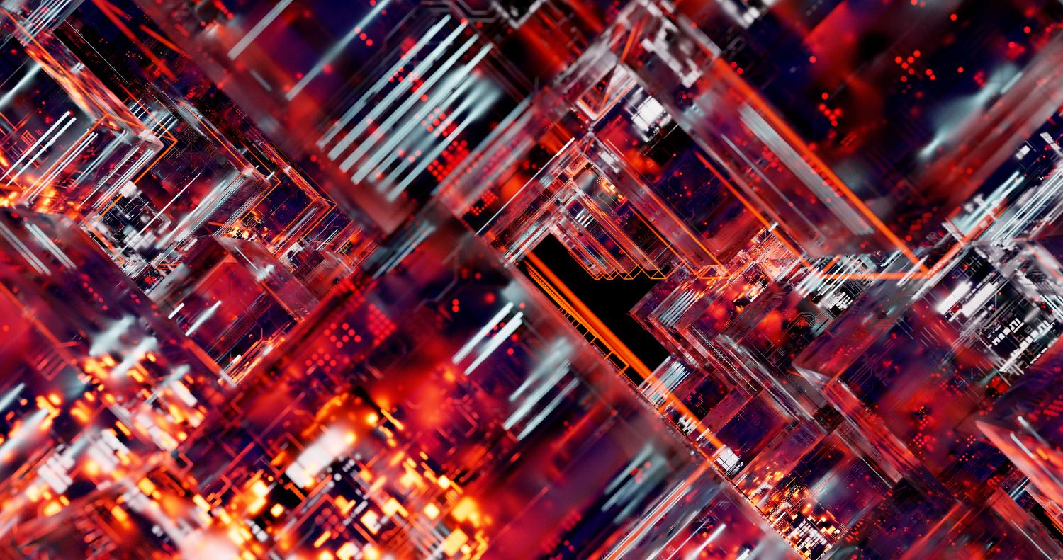 Circuito digital futurista con iluminación LED que representa la infraestructura de hardware cuántico