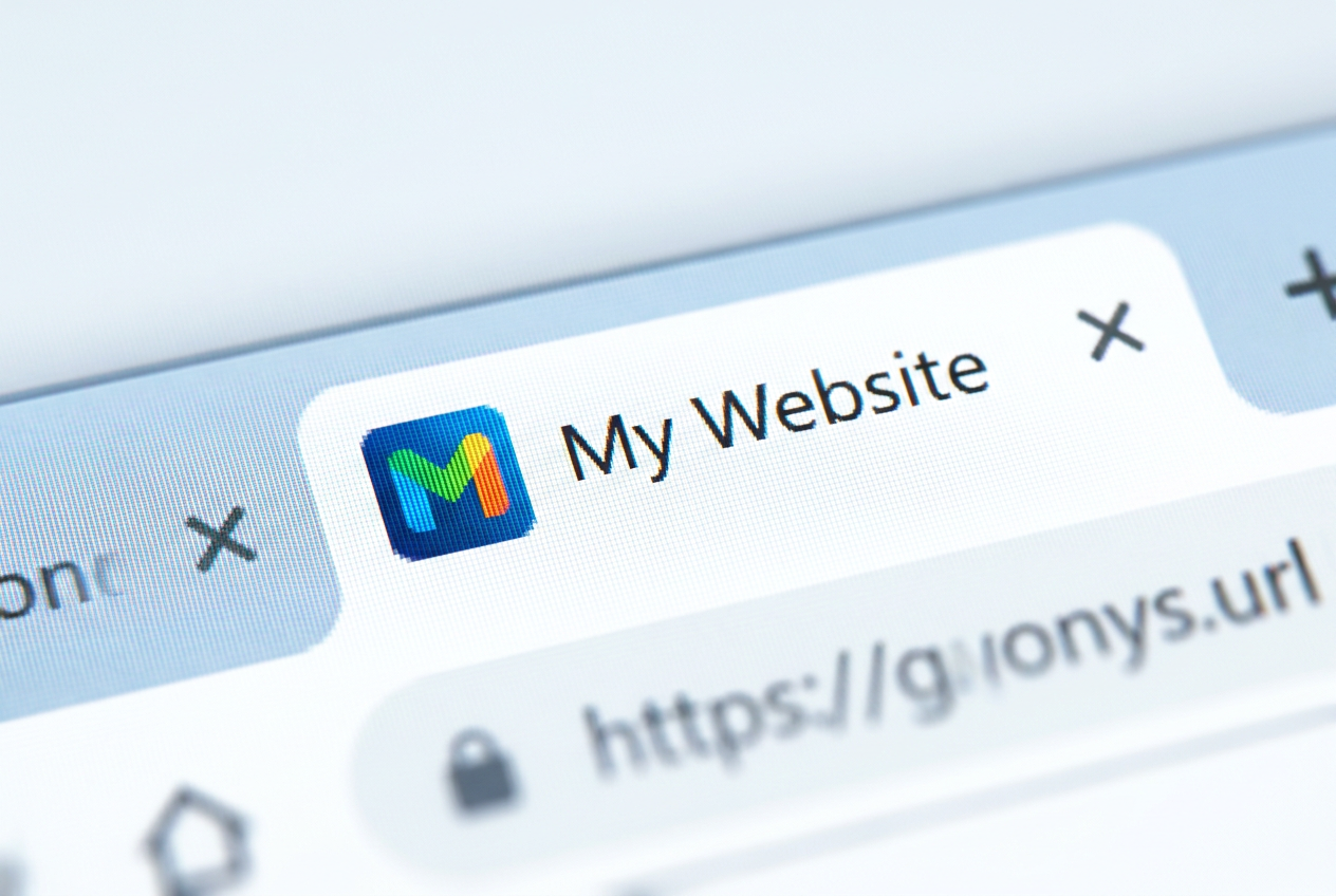 Primer plano de una pestaña de navegador web mostrando el favicon junto al título del sitio.