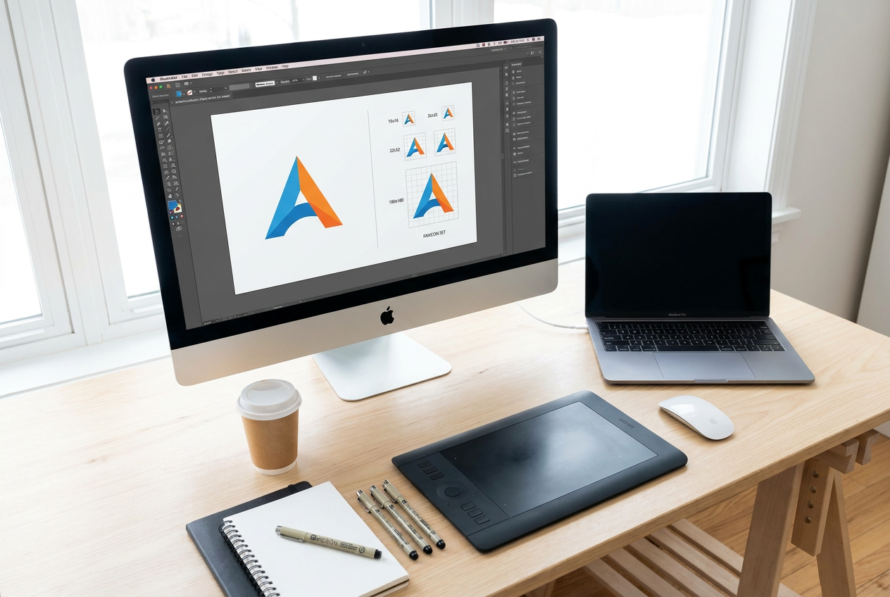Espacio de trabajo de un diseñador gráfico con una cuadrícula de diferentes tamaños de favicon para un logotipo.