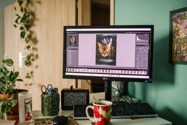 Espacio de trabajo acogedor de un editor digital con monitor mostrando software de edición de fotos y elementos decorativos.