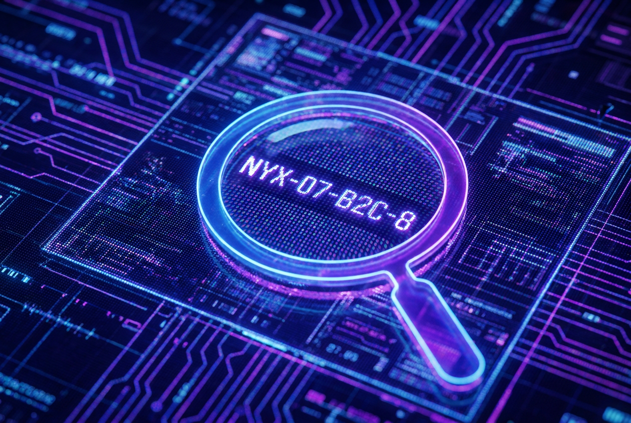 Pantalla digital con una lupa revelando un código de identificación alfanumérico oculto entre los píxeles de una imagen.