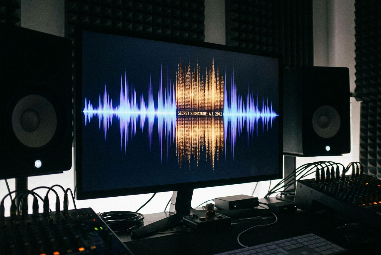 Onda de audio digital en una pantalla oscura con una sección resaltada que muestra una firma digital secreta incrustada.