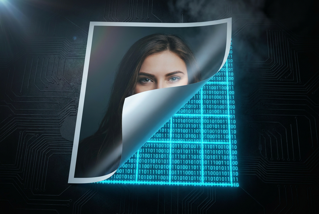 Retrato digital donde la imagen se desprende para revelar una capa de código binario azul neón, representando conceptualmente una marca de agua digital invisible.