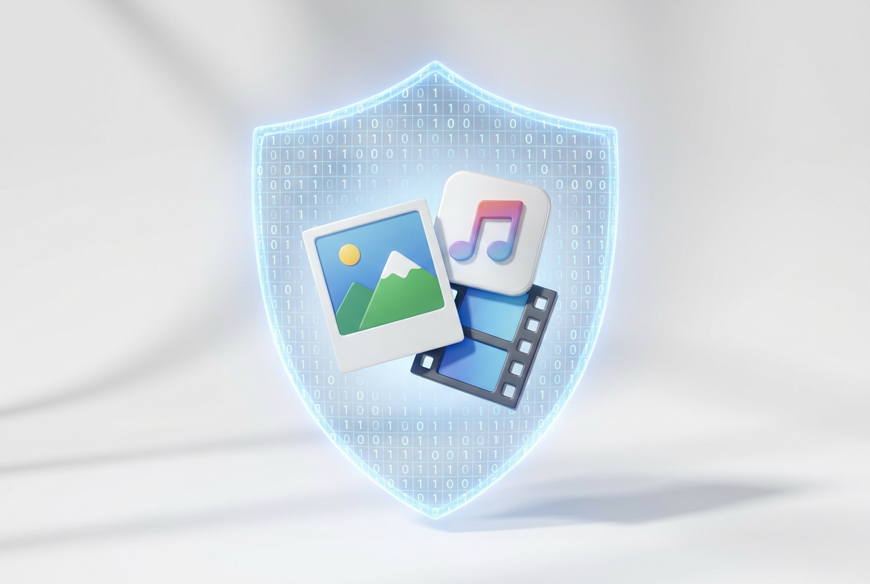 Escudo digital compuesto de datos binarios protegiendo iconos de fotografía, música y vídeo, simbolizando la seguridad de la marca de agua digital.