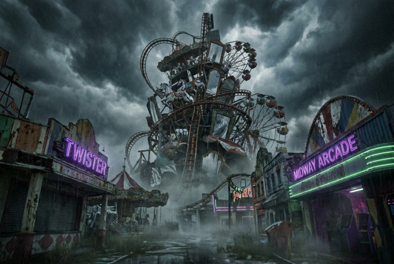 Una torre arquitectónica retorcida y surrealista hecha de partes de parques de atracciones en un carnaval decadente de los años 50, bajo un cielo tormentoso.