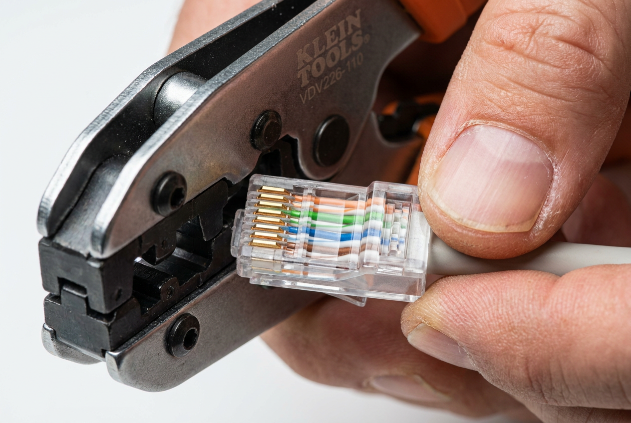 Persona utilizando una herramienta de ponchado profesional para ensamblar un cable de red RJ45.