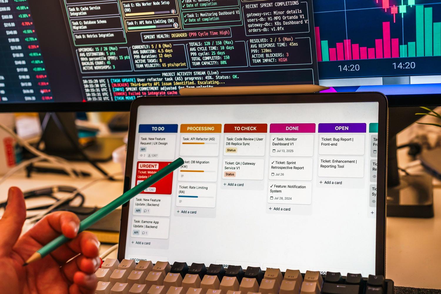 Panel de control de flujos de trabajo empresariales en una tablet y monitores, representando la ejecución de procesos digitales autónomos.