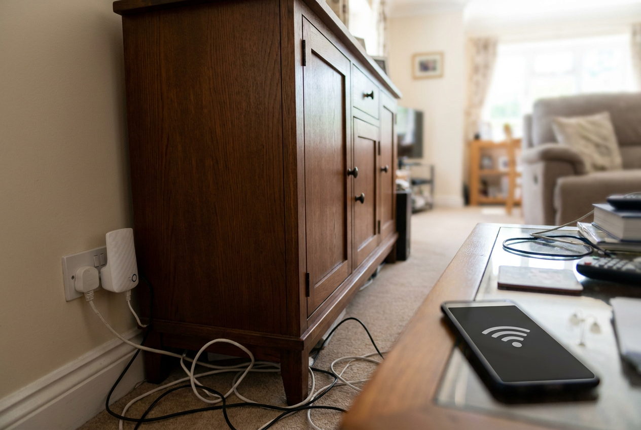 Amplificador de señal WiFi colocado incorrectamente detrás de un mueble de madera, bloqueando la señal inalámbrica.