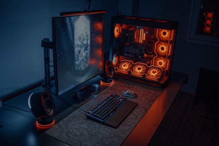 Modern gaming PC setup with RGB lighting and professional cooling system