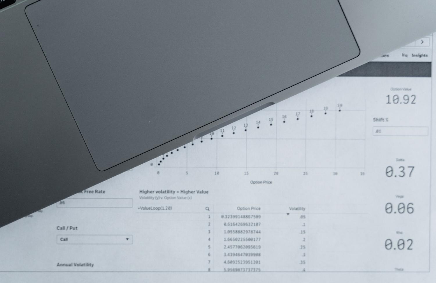 Vista cenital de un portátil y documentos con datos analíticos y gráficos