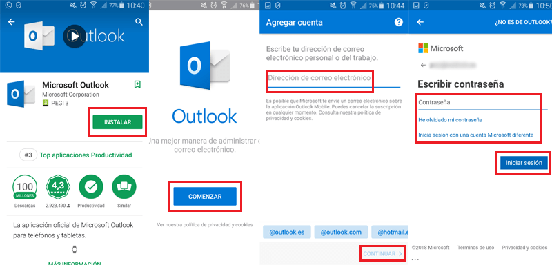 Acceder iniciar sesion correo Outlook app Android