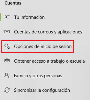 Acceder opciones inicio sesion Windows 10