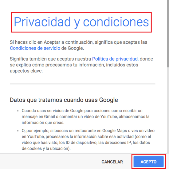 Aceptar terminos de privacidad cuentas Google
