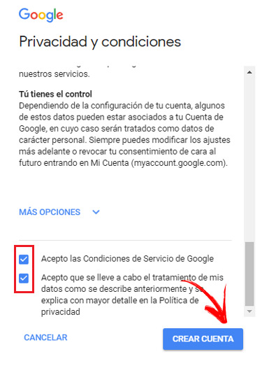 Aceptar terminos y condiciones cuenta Google Gmail