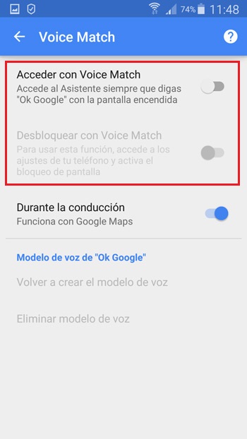 Activar Voice Match asistente de voz de Google