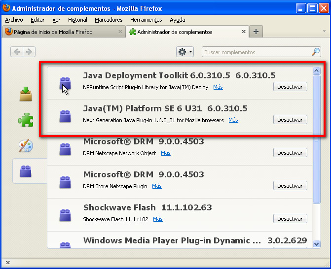 Activar desactivar Plataforma JAVA (TM) Mozilla Firefox