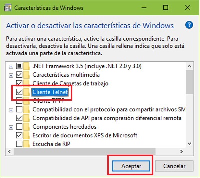 Activar desactivar cliente Telnet Windows 10