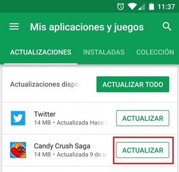 Actualizar Candy Crash Saga via Google Play Store