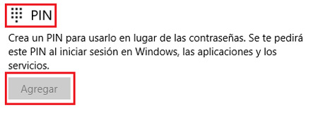 Agregar PIN acceso Windows 10