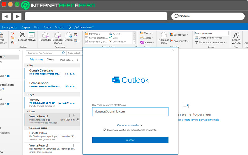 Agregar datos de la nueva cuenta en Outlook