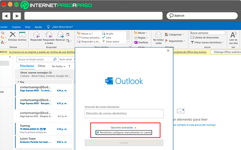 Agregar manualmente correos en Outlook