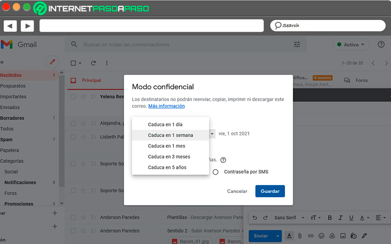 Ajustes de modo confidencialidad en la web de Gmail