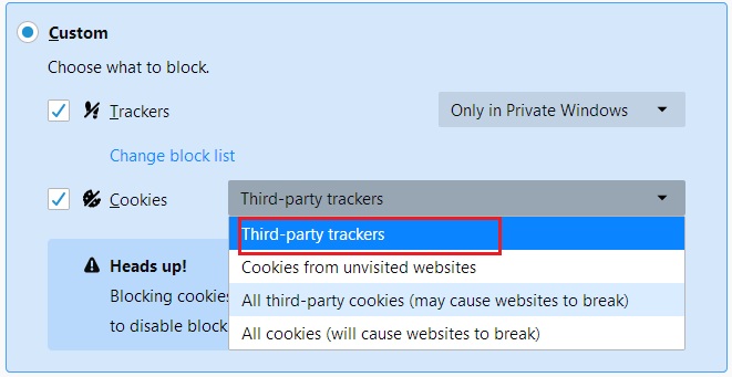 Bloquear cookies de terceros Firefox